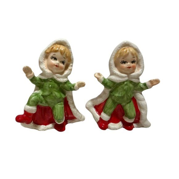 Other - Christmas Pixie Girl Elf Cape Red Green Porcelain Holiday Vtg Figurines Japan